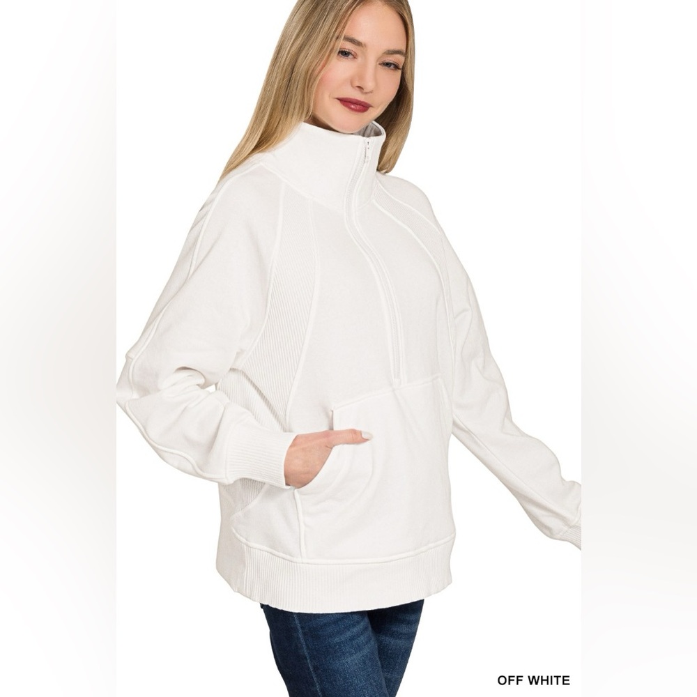 Zenana Half Zip Fleece Sweatshirt with kangaroo Pocket